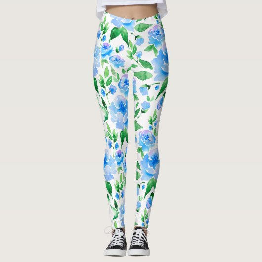 Aquarellblaue Blumen Leggings (Vorderseite)