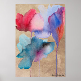 Aquarellblaue Blumen Moderne Blumen auf Taupe Poster