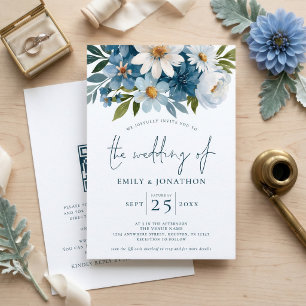 Aquarellblaue Blumen QR-Code-Hochzeit Einladung
