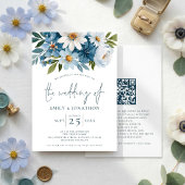 Aquarellblaue Blumen QR-Code-Hochzeit Einladung