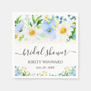 Aquarellblaue Blumen und Gänseblümchen-Brautparty Serviette
