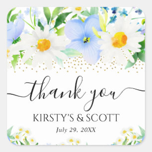 Aquarellblaue Blumen und Gänseblümchen-Hochzeit Quadratischer Aufkleber