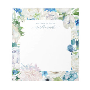 Aquarellblaue Blumen Weiße Rose Vintage Notizblock