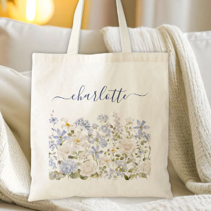 Aquarellblaue Blumenblumengarten Monogramm Tragetasche