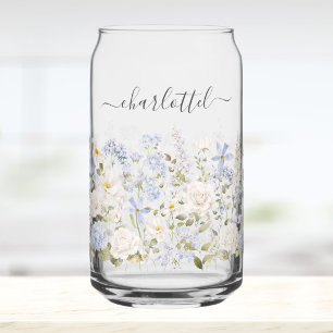 Aquarellblaue Blumenelegante Monogramm Dosenglas