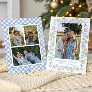 Aquarellblaue Blumengirlande Weihnachtsfoto Feiertagskarte