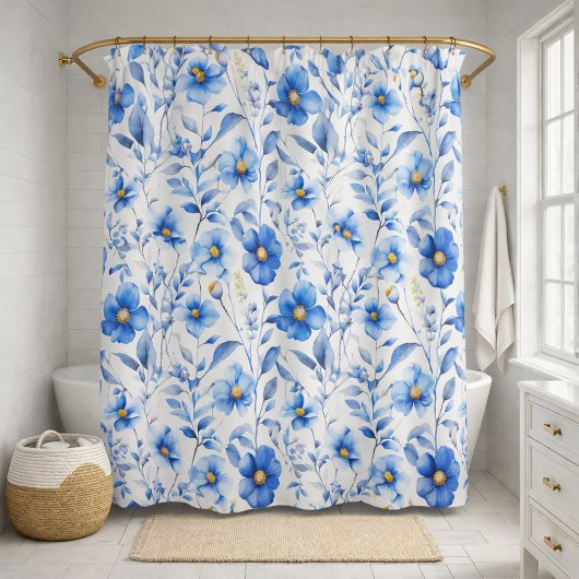 Aquarellblaue botanische Blumenmuster Duschvorhang