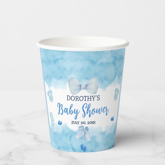 Aquarellblaue Cloud Pastellpinsel Baby Boy Dusche Pappbecher (Rückseite)