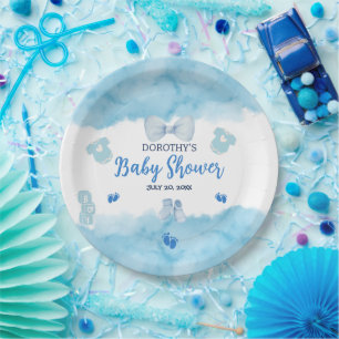 Aquarellblaue Cloud Pastellpinsel Baby Boy Dusche Pappteller