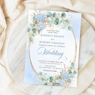 Aquarellblaue florale Weizen-Gold-Hochzeitskarten Einladung