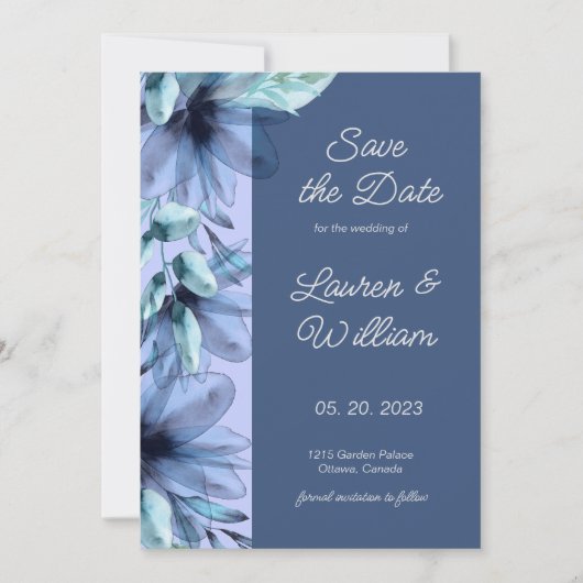 Aquarellblaue hellviolette Farbe Save the Date (Vorderseite)