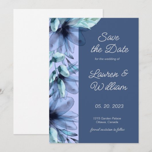 Aquarellblaue hellviolette Farbe Save the Date (Vorne/Hinten)