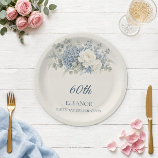 Aquarellblaue Hortensie 60. Geburtstag Papierplatt Pappteller
