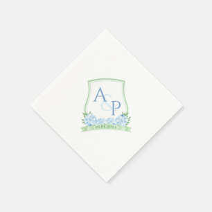 Aquarellblaue Hortensie Grüne Hochzeitsmonogramm Serviette