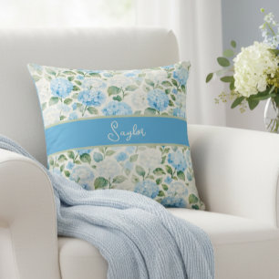 Aquarellblaue Hortensien-Blumenname Kissen