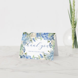 Aquarellblaue Hortensien-Rosen Elegante Schrift Dankeskarte