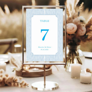 Aquarellblaue klassische Hochzeit mit Streifen Tischnummer