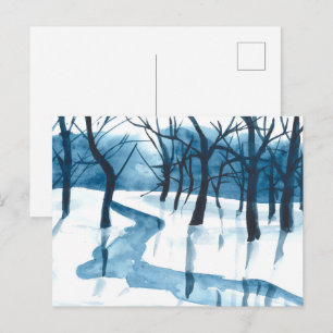 Aquarellblaue Landschaft, Bäume und Fluss, schneeb Feiertagspostkarte