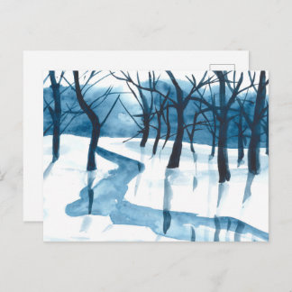 Aquarellblaue Landschaft, Bäume und Fluss, schneeb Feiertagspostkarte