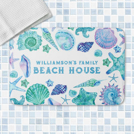 Aquarellblaue Muscheln und Starfish Beach House Badematte