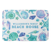 Aquarellblaue Muscheln und Starfish Beach House Badematte (Vorderseite)