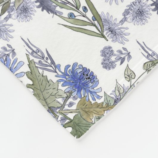 Aquarellblaue Rose Blume federn Weiß Fleecedecke (Ecke)