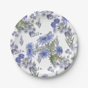 Aquarellblaue Rose Blume federn weißes Napki Pappteller
