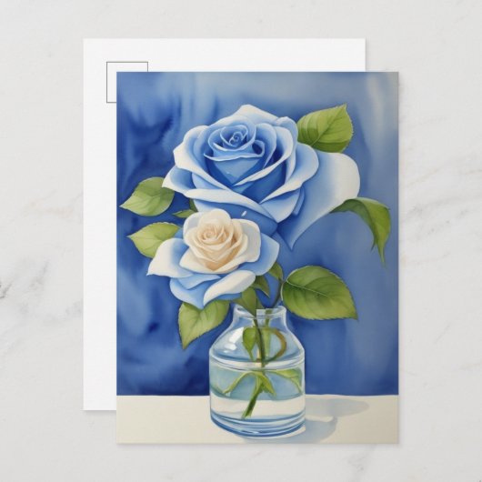 Aquarellblaue Rose in einer Vase Postkarte (Vorne/Hinten)