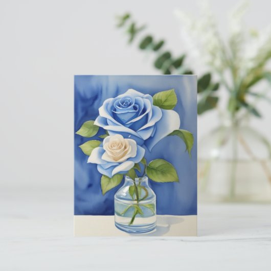 Aquarellblaue Rose in einer Vase Postkarte (Stehend Vorderseite)