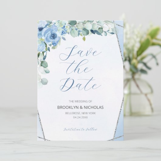 Aquarellblaue Rose Save the Date (Stehend Vorderseite)