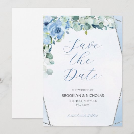 Aquarellblaue Rose Save the Date (Vorne/Hinten)