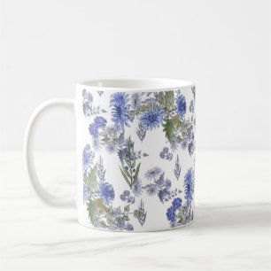 Aquarellblaue Rosen Blumen Federn weiß Kaffeetasse