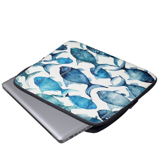 Aquarellblaue Seefischmuster Nautische Tiere Laptopschutzhülle (Vorne Knopf)