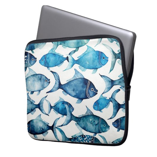 Aquarellblaue Seefischmuster Nautische Tiere Laptopschutzhülle (Vorderseite Links)