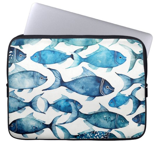 Aquarellblaue Seefischmuster Nautische Tiere Laptopschutzhülle (Vorderseite)
