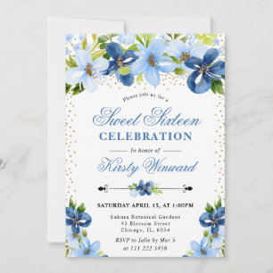 Aquarellblaue Sommerblumen Sweet 16 Einladung