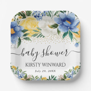 Aquarellblaue und gelbe Blumen Baby Shower Pappteller