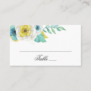 Aquarellblaue und gelbe Blumen. Florale Hochzeit Platzkarte
