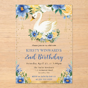 Aquarellblaue und gelbe Blumen Schwan Geburtstag Acryleinladungen