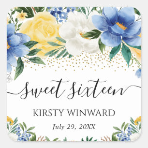 Aquarellblaue und gelbe Blumen Sweet Sixteen Quadratischer Aufkleber