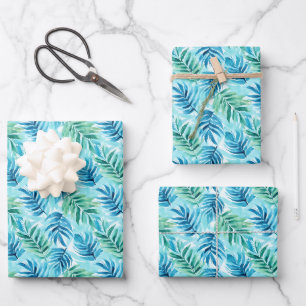 Aquarellblaue und grüne Palmwedel Geschenkpapier Set