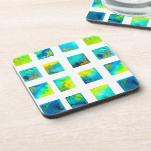 Aquarellblaue und grüne Quadrate Getränkeuntersetzer