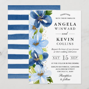 Aquarellblaue und marineblaue Blumenhochzeit Einladung