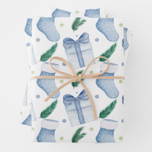 Aquarellblaue Weihnachtsstrümpfe und Geschenke Geschenkpapier Set