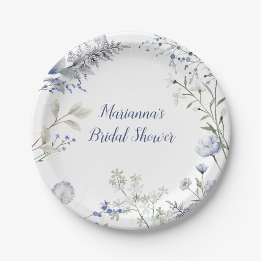 Aquarellblaue Wildblume Rahmen Brautparty Pappteller (Vorderseite)