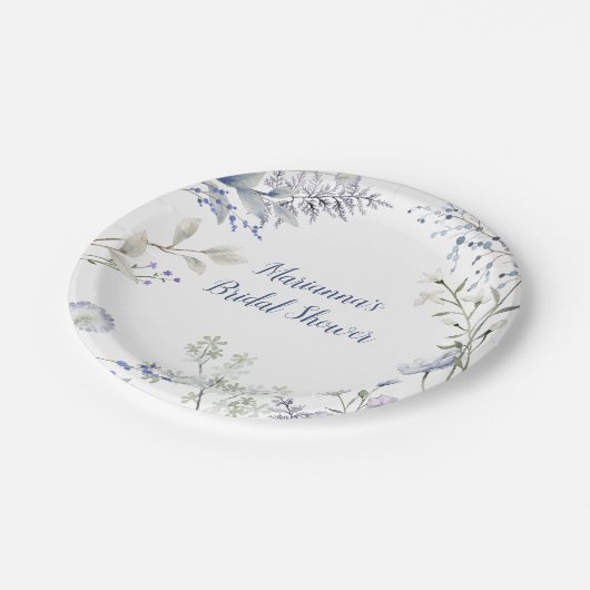 Aquarellblaue Wildblume Rahmen Brautparty Pappteller (Schrägansicht)