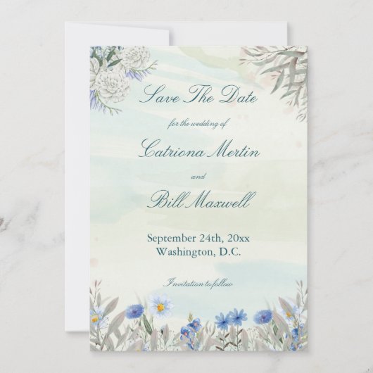 Aquarellblaue Wildblume Save the Date Karte (Vorderseite)