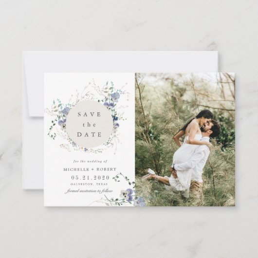 Aquarellblaue Wildblume Save the Date zwei Fotos Einladung (Vorderseite)