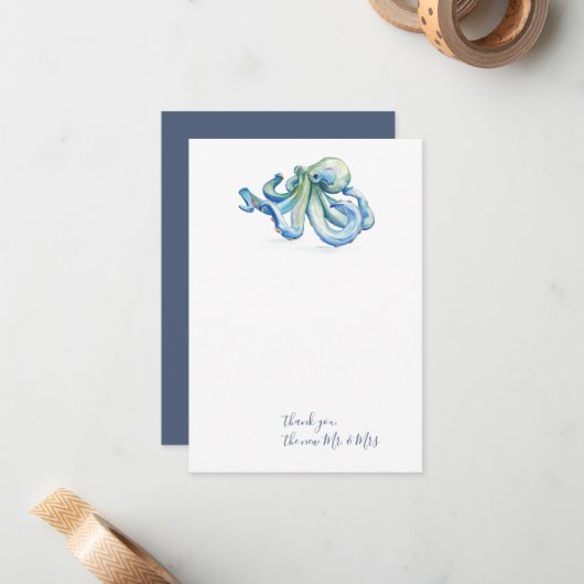 Aquarellblauer Oktopus Danke Stationery Mitteilungskarte (Vorderseite/Rückseite Beispiel)