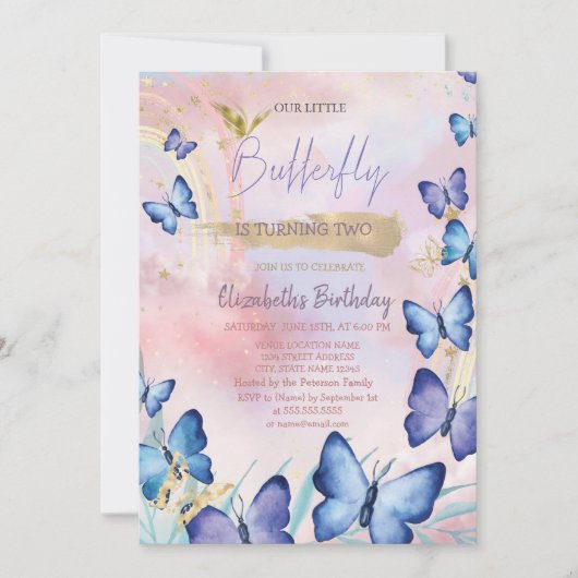 Aquarellblauer Schmetterling Regenbogen Geburtstag Einladung (Vorderseite)